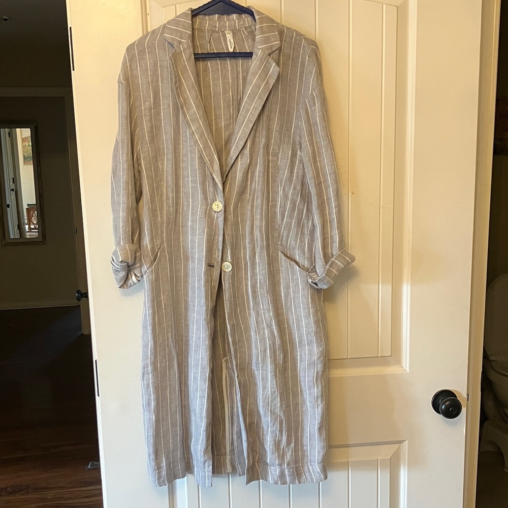 Gray White 100% linen trench coat jacket kimono long blazer size XS